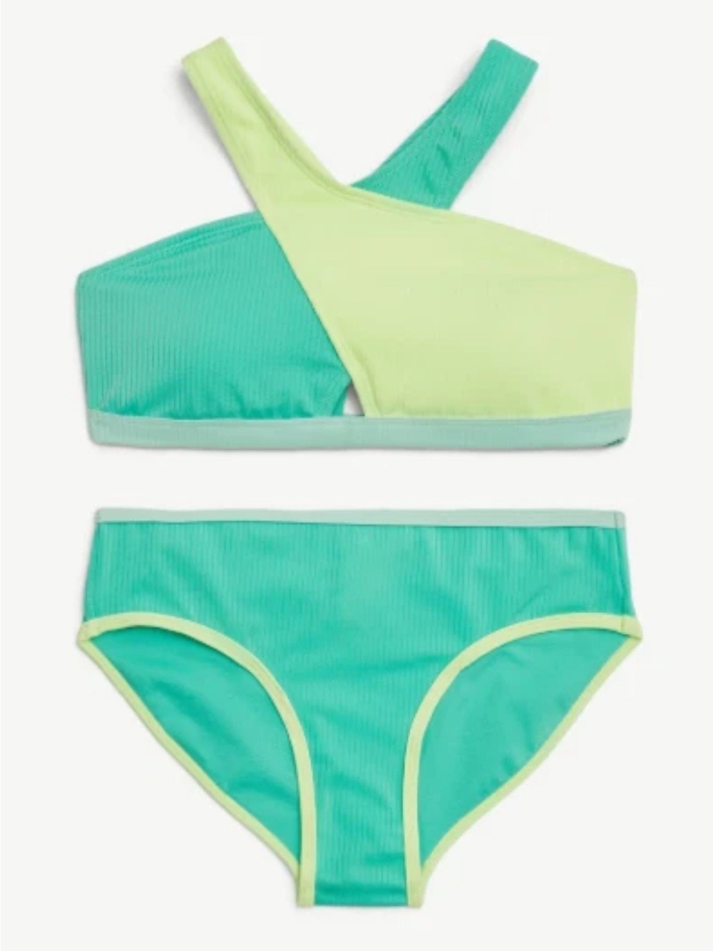 Girls Two-Piece Asymmetric Ribbed Swim Set in Teal and Lime size XL (16/18)